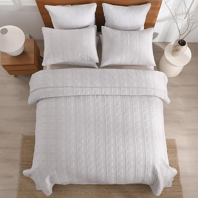 HORIMOTE HOME 100% Cotton Quilt Set Twin Size, Light Grey Pre-Washed Bedspread Coverlet Set, Cozy Lightweight Stitching Decorative Bedding Cover with 1 Sham in Geometric Pattern for All Season