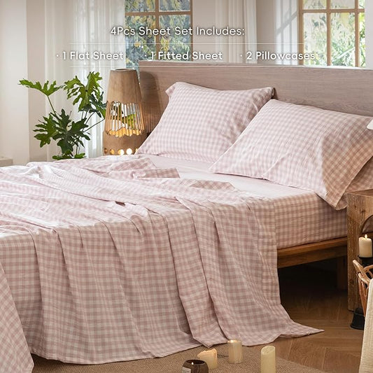 MooMee Gingham Sheet Set 100% Washed Cotton Linen Like Textured Breathable Soft w/Fully Elasticized 16-19" Deep Pocket (Classic Gingham Greyish Pink, Queen)