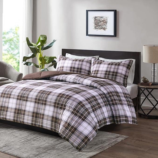 Madison Park Essentials Parkston Plaid Comforter, Matching Sham, 3M Scotchguard Stain Release Cover, Hypoallergenic All Season Bedding-Set, King/California King, Brown, 3 Piece