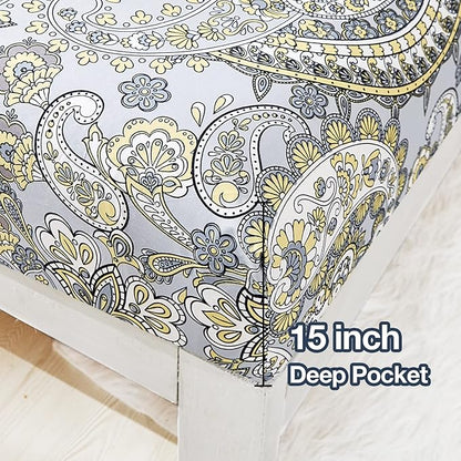 JSD Paisley Sheet Set Full Size, 4 Piece Retro Pattern Microfiber Bedding Sheets Extra Deep Pocket