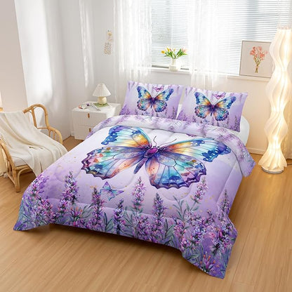 Lavender Comforter Set King Size,Violet Flower Butterfly 3 Piece Bedding Set Lightweight Down Alternative Spring Violet Bed Comforter and 2 Pillowcases for All Seasons