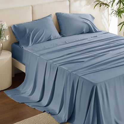 Bedsure California King Sheet Sets, Cooling Sheets, Rayon Derived from Bamboo, PureWoven, Breathable & Soft, Deep Pocket Up to 16 Inches, Hotel Luxury Silky Bedding for Hot Sleepers, Dusty Blue