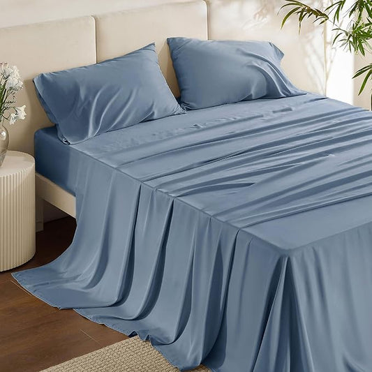 Bedsure Queen Sheet Set, Cooling Sheets for Queen Size Bed Set, Rayon Derived from Bamboo, PureWoven, Breathable & Soft, Deep Pocket, Hotel Luxury Silky Bedding for Hot Sleepers, Dusty Blue
