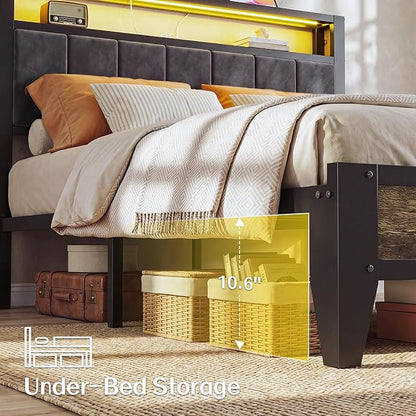 OLEVS Full Size Bed Frame with Headboard, LED Light & Charging Station | Metal Platform Bed Upholstered Headboard 2-Tier Shelf & Footboard, Smart LED Lightning Type C USB Ports, No Need Box Spring