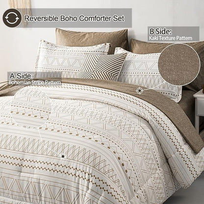WONGS BEDDING 7 Pieces Khaki Comforter Set Boho Bed in a Bag King Size,Geometric Striped Comforter Reversible Soft Microfiber Bedding Set with Pillowcases,Flat Sheet,Fitted Sheet,Pillow Shams