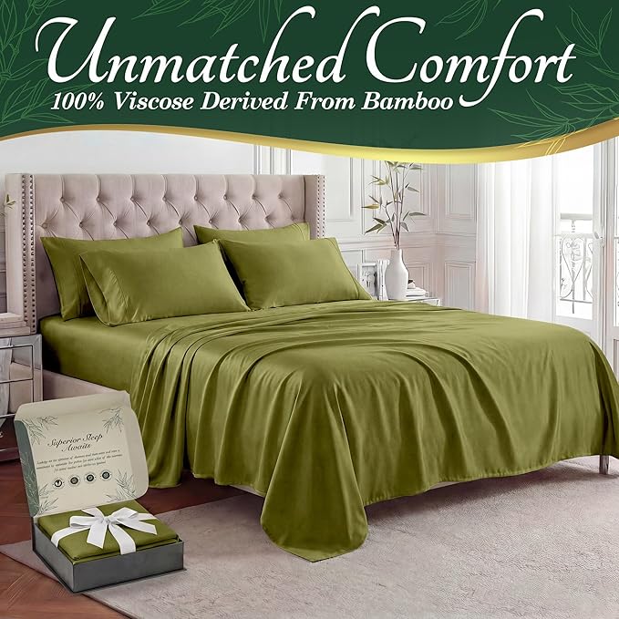 DECOLURE 100% Viscose Derived from Bamboo Sheets King Size - Luxury 6 Pc Naturally Cooling Sheets, Ultra Soft Bed Set - Deep 17" Pockets, Durable Double Stitching, Oeko Tex Standard (Light Olive)