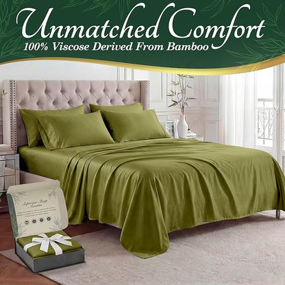DECOLURE 100% Viscose Derived from Bamboo Sheets King Size - Luxury 6 Pc Naturally Cooling Sheets, Ultra Soft Bed Set - Deep 17" Pockets, Durable Double Stitching, Oeko Tex Standard (Light Olive)