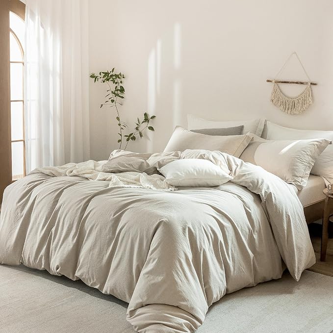 Linen Grey Duvet Cover Full Size 90inch x 80inch,100% Washed Cotton Duvet Cover with Zipper Closure and 2 Pillowcases, Color of New Nature Linen