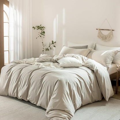 Linen Grey Duvet Cover Queen Size 90inch x 90inch,100% Washed Cotton Duvet Cover with Zipper Closure and 2 Pillowcases, Color of New Nature Linen