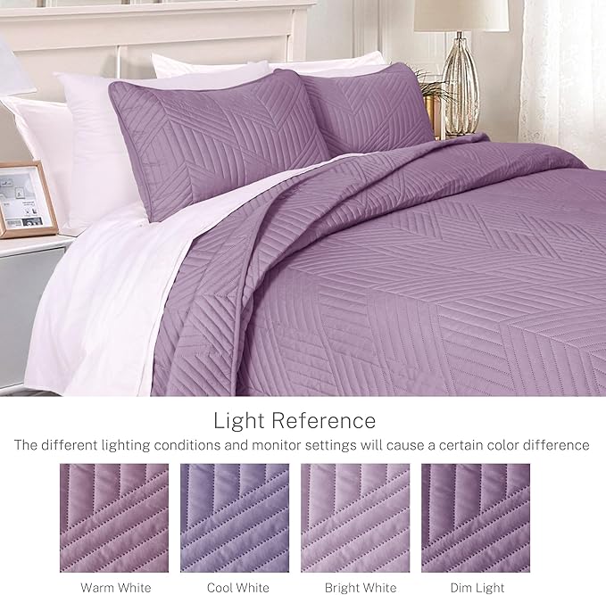 Exclusivo Mezcla Ultrasonic Twin Quilt Bedding Set, Lightweight Dusty Lavender Bedspreads Soft Modern Geometric Coverlet Set for All Seasons (1 Quilt and 1 Pillow Sham)