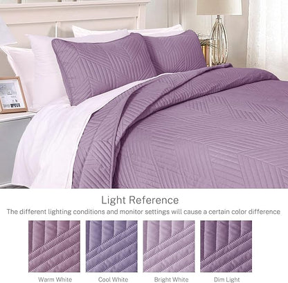 Exclusivo Mezcla Ultrasonic Full Queen Quilt Bedding Set, Lightweight Dusty Lavender Bedspreads Soft Modern Geometric Coverlet Set for All Seasons (1 Quilt and 2 Pillow Shams)