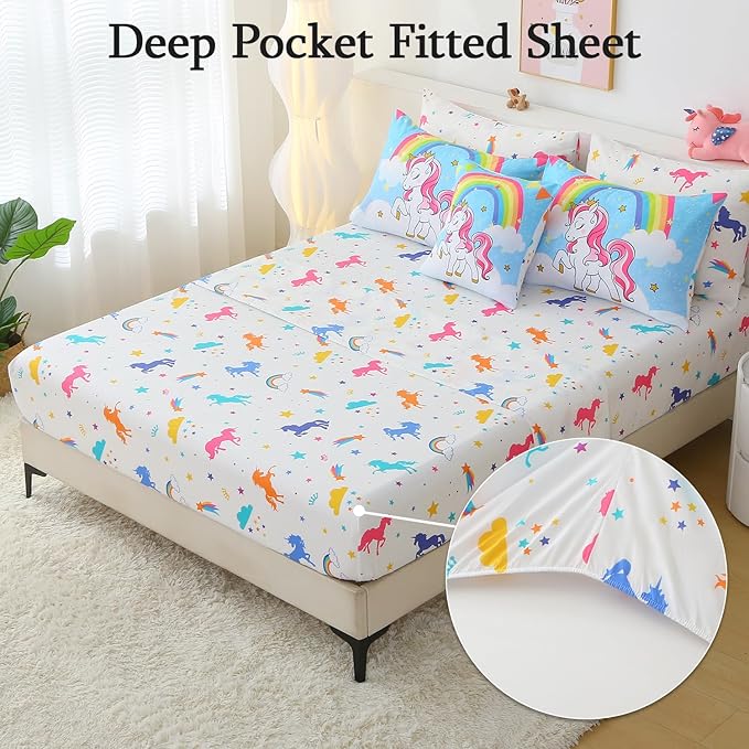 JQinHome Unicorn Full Bedding Sets for Girls Kids,8 Piece Bed in A Bag 3D Blue Sky Rainbow Clouds Theme Unicorn Comforter Set with Sheet Set(Blue)