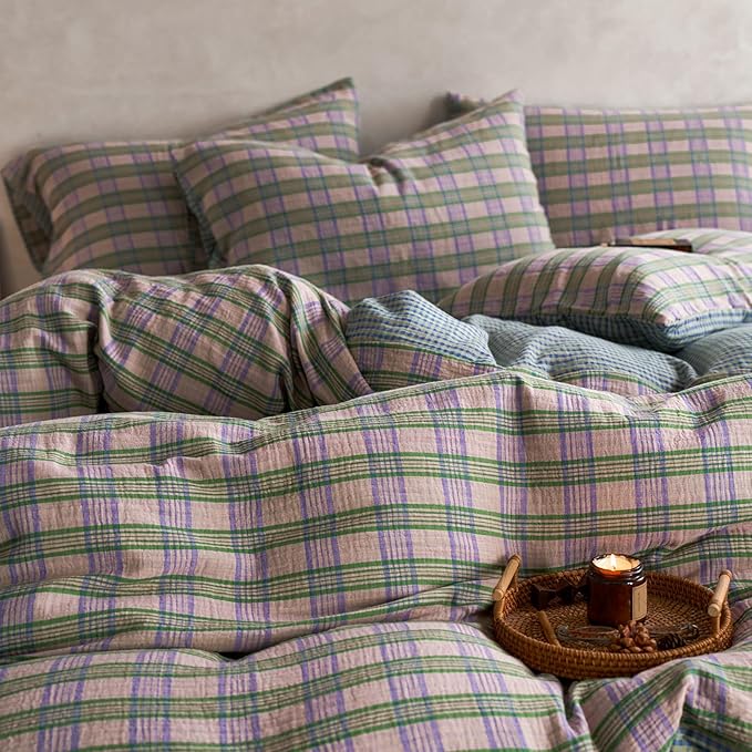 EAVD Vintage Style Pastel Pink Plaid Duvet Cover Set Twin Soft 100% Cotton Muslin Retro Green&Purple Grid Plaid Bedding Set with 2 Pillowcases Aesthetic Gingham Duvet Cover with Zipper Closure