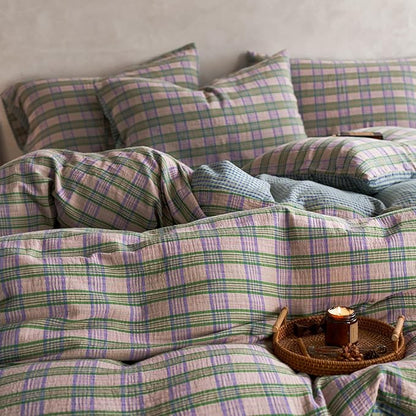 EAVD Vintage Style Pastel Pink Plaid Duvet Cover Set Twin Soft 100% Cotton Muslin Retro Green&Purple Grid Plaid Bedding Set with 2 Pillowcases Aesthetic Gingham Duvet Cover with Zipper Closure