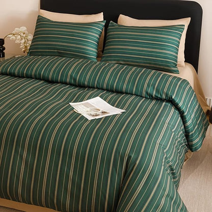 CLOTHKNOW Green Striped Full Size Comforter Set Farmhouse Bedding Comforter Sets Hunter Green Comforter Boho Soft with 2 x Pillow Cases