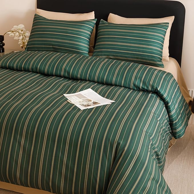 CLOTHKNOW Striped King Size Comforter Set 3Pcs Green Bedding Comforter Sets Farmhouse Ticking Comforter with 2 x Pillow Cases