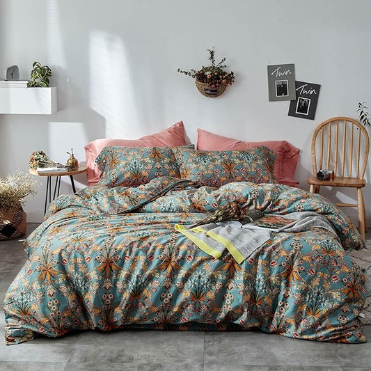 VM VOUGEMARKET Sage Green Comforter Set Queen,Medallion Paisley Flower Bedding Set Vibrant Bohemian Pattern Quit Comforter with 2 Pillowcases