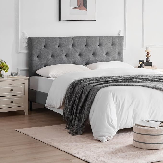 Linen Headboard King Size, Adjustable Height Headboard 37-51 in, Light Gray | Diamond Tufting Solid Wood King Headboards, Durable Metal Legs, Upholstered King Head Board for Bed Frame, Modern Fabric