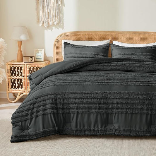 BEDELITE Boho King Size Comforter Set - Dark Grey Tufted Striped Bed Set 3 Pieces, Soft Vintage Farmhouse Comforter for All Seasons, Boho Home Decor,Fluffy Jacquard Bedding with Pillow Sham
