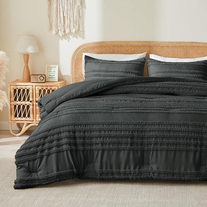 BEDELITE Boho Comforter Set Queen Size, Dark Grey Tufted Striped Bed Set 3 Pieces, Soft Vintage Farmhouse Comforter for All Seasons, Boho Home Decor,Fluffy Jacquard Bedding with 2 Pillow Shams