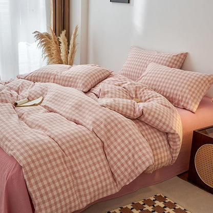 EAVD Vintage Style Gingham Plaid Duvet Cover Queen Pink White Soft 100% Washed Cotton Chic Warm Checkered Bedding Set with 2 Pillowcases Farmhouse Grid Gingham Duvet Cover with Zipper Closure