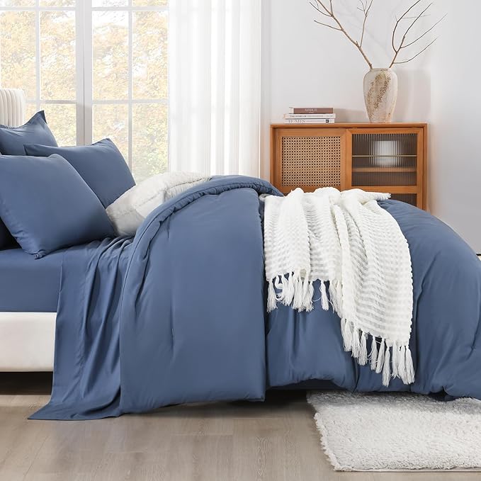 Litanika Oversized King Comforter Sets Ocean Blue - 7 Pieces Bed in a Bag Oversized King Bedding Comforter Sets, Solid Lightweight Bed Set with Comforter, Sheets, Pillowcases & Shams