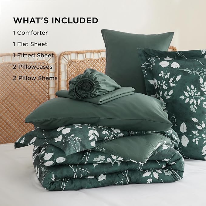 Bedsure Queen Comforter Set - 7 Pieces Floral Forest Green Soft Bedding Sets, Queen Bed in a Bag with Botanical Flowers Comforter, Sheets, Pillowcases & Shams