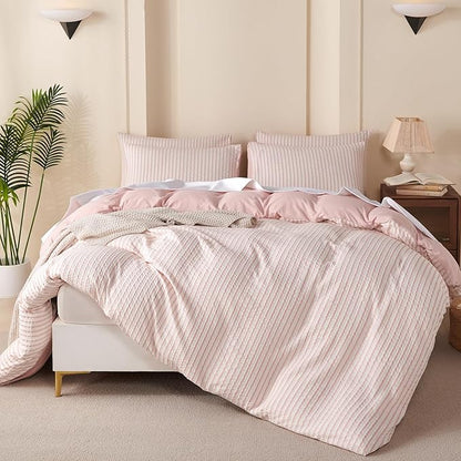 Striped Comforter Set Queen Pink Soft Luxury Washed Microfiber Jacquard 3 Pieces Bedding Set, White Pink Vertical Ticking Stripes Pattern Comforter with 2 Pillowcases Breathable Durable Comfy