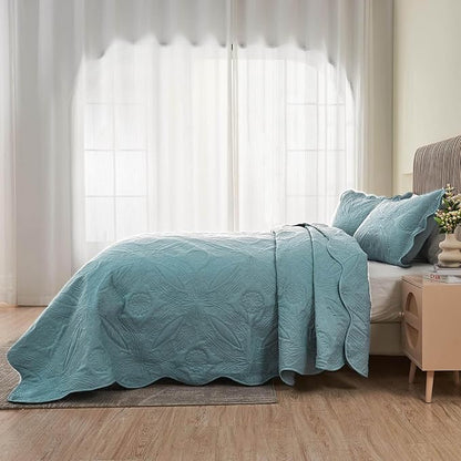 Kingnex Extra Wide Oversized King Bedspreads 128x120 for Tall King or Cal King Bed Ultrasonic Quilted Coverlet Set 3 Piece Include 1 Quilt 2 Pillowcases Blue