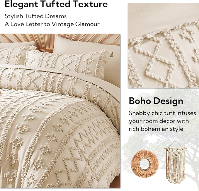 MR&HM California King Comforter Set Beige, 7 Pieces Tufted Boho Beddding Sets, Farmhouse Style Bed in a Bag with 1 Comforter, 2 Pillow Shams, 2 Pillowcases, 1 Flat Sheet, 1 Fitted Sheet