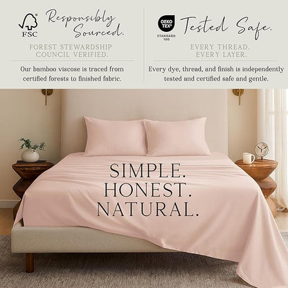 KARISSA MAE Cooling Bamboo Viscose Queen Sheet Set | 100% FSC Certified | 18” Deep Pocket | Silky, Soft, & Hypoallergenic | with Organizer Band & Elastic Corner Straps [Pink Peony]