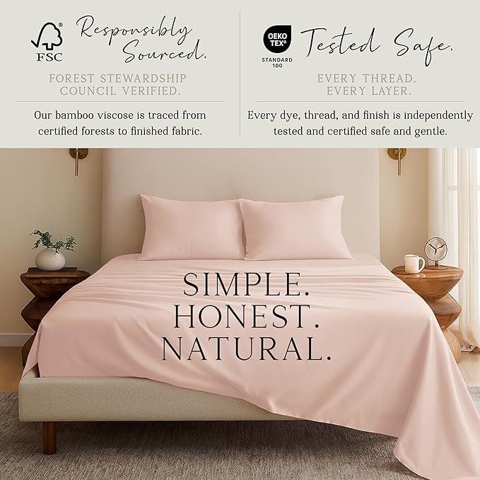 KARISSA MAE Cooling Bamboo Viscose 34" Split Top King Sheet Set | 100% FSC Certified | 18” Deep Pocket | Silky, Soft, & Hypoallergenic | with Organizer Band & Elastic Corner Straps [Pink Peony]