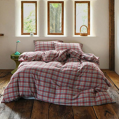EAVD Vintage Style Red&Blue Gingham Duvet Cover Queen Soft 100% Cotton Muslin Yarn-Dyed Textured Retro Grid Plaid Bedding Set Reversible British-Style Gingham Bedding Set with Zipper Closure