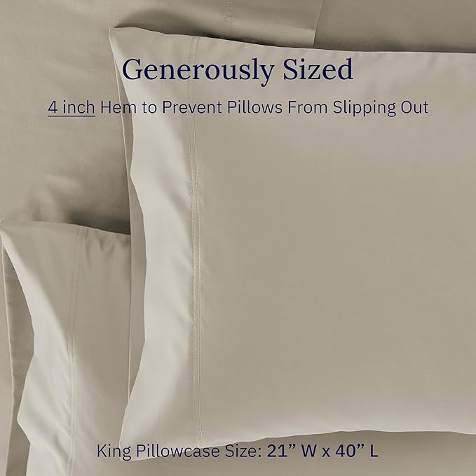 Luxuriously Soft Premium 600 Thread Count, 100% Cotton Set of 2 Cases, Crisp King Size Pillow Cases 2Pc, Fits King Pillows (Cool Taupe)