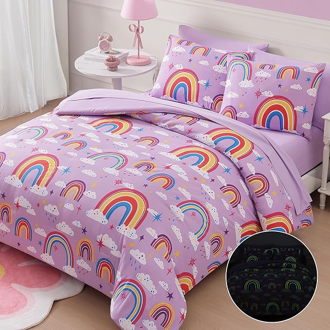 Twin Kids Comforter Set - 5 Pieces Twin Bedding Sets for Girls Teen, Glow in The Dark Purple Rainbow Bed in A Bag with Sheets