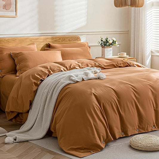 JELLYMONI Cotton Duvet Cover Full Size - Burnt Orange Comforter Cover with Button 100% Washed Cotton 3PCS Breathable Soft Solid Bedding Set Duvet Cover 80×90in & 2 Pillowcases (NO Comforter)