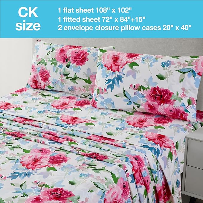 JSD Watercolor Rose Floral Sheet Set Cal King, 4 Piece Soft Printed Microfiber Sheets Extra Deep Pocket