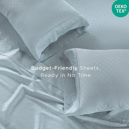 Threadmill Cotton Queen Sheet Set - 100% Cotton Damask Jacquard Sheets With 16" Deep Pocket - Soft Sateen Weave 4-Piece Cooling Bedding for Queen Size Bed - Blue