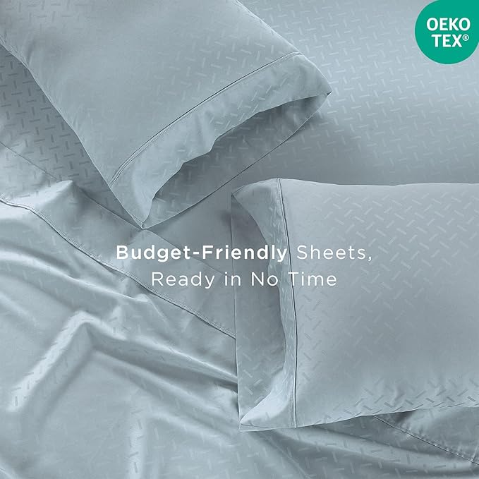 Threadmill 100% Cotton Sheets for King Size Bed | 4 Pc King Bed Sheets Set | Soft, Breathable Lightweight Damask Sateen for All-Season Use | Snug Fit Elastic Deep Pocket King Sheets | Blue