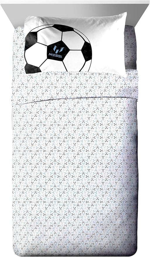 Jay Franco Kids Comforter Set Includes Sheets and Pillow Cover - Soft and Cozy Bed Set for Stylish Room Décor, White - Messi, 5 Piece Twin