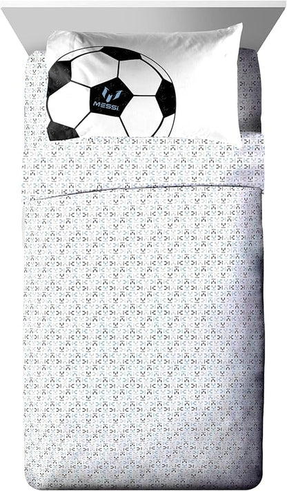 Jay Franco Kids Comforter Set Includes Sheets and Pillow Cover - Soft and Cozy Bed Set for Stylish Room Décor, White - Messi, 5 Piece Twin