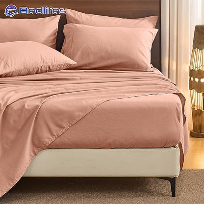 Bedlifes 100% French Pure Linen Sheets King Size Breathable and Cooling Flax Sheet Set Soft Durable and Moisture Wicking 16 Inch Deep Pocket-4 Piece(King,Blush Pink)