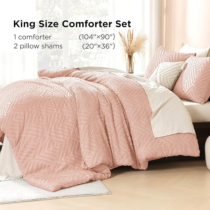 Litanika Blush Pink King Size Comforter Set, 3 Pieces Tufted Boho Farmhouse Bedding Comforter Sets, Lightweight Fluffy Comforter Bed Set for All Season (104x90In Comforter and 2 Pillowcases)