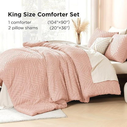 Litanika Blush Pink King Size Comforter Set, 3 Pieces Tufted Boho Farmhouse Bedding Comforter Sets, Lightweight Fluffy Comforter Bed Set for All Season (104x90In Comforter and 2 Pillowcases)