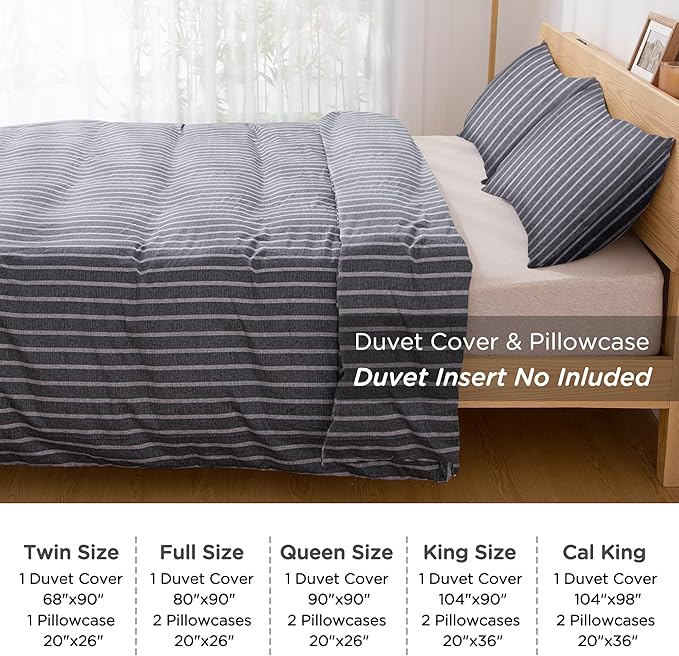 TOCOMOA Striped Duvet Cover Set 100% Natural Cotton Soft Comfy Breathable 3 Piece Grey and White Pattern Printed Comforter Cover Bedding Set (King 104"x90", Comforter Not Included)