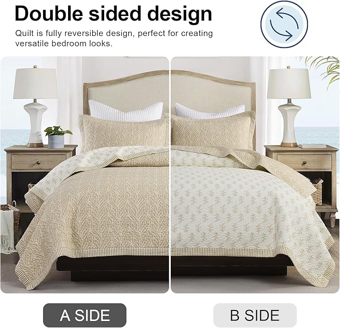 SahSahCasa Quilt Set Queen Size, 100% Cotton Quilt Bedding Set Bedspread, Botanical Pattern Solid Color Chic Lightweight Quilted Comforter for Queen Bed, White/Oatmeal, All Season, 3 Pieces