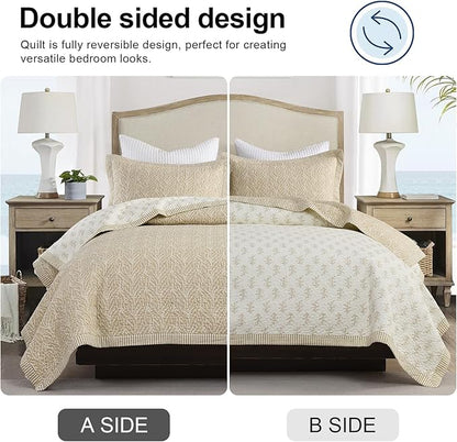 SahSahCasa Quilt Set Queen Size, 100% Cotton Quilt Bedding Set Bedspread, Botanical Pattern Solid Color Chic Lightweight Quilted Comforter for Queen Bed, White/Oatmeal, All Season, 3 Pieces