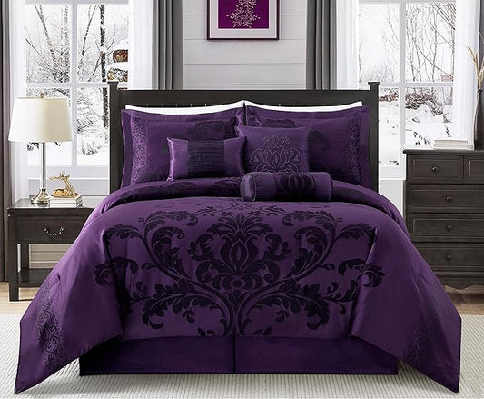 Chezmoi Collection 7-Piece Jacquard Floral Comforter Set (King, Purple/Dark Purple)