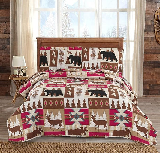 Ycosy Rustic Quilt Set King Size (96"x108") Bed Spread Lodge Lightweight Coverlet Reversible Bedding Cover Deer Bear Bedspreads Set with Elk Moose,1 Quilt + 2 Pillow Shams