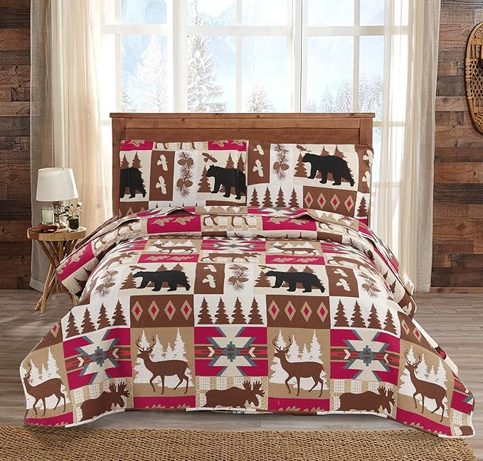 Ycosy Rustic Quilt Set Twin Size (68"x86") Bed Spread Lodge Lightweight Coverlet Reversible Bedding Cover Deer Bear Bedspreads Set with Elk Moose,1 Quilt + 2 Pillow Shams
